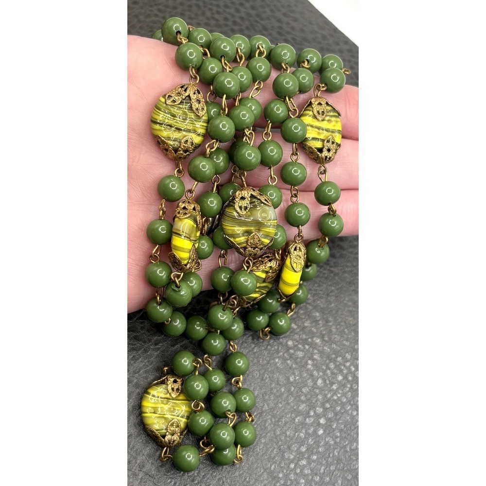 VTG Czech Yellow Swirl Art Glass Green Resin Filigree Opera 52" Long Flapper